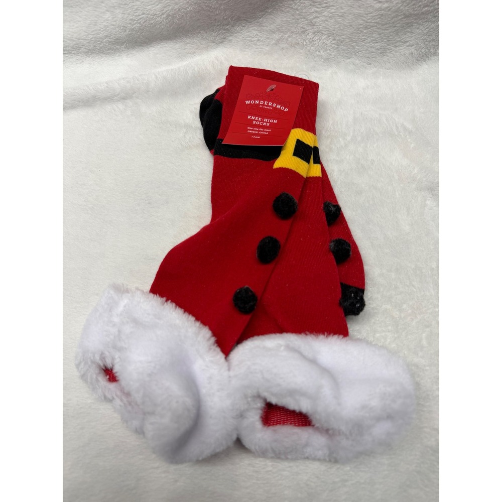 Wondershop Santa Knee High Socks One Size Red Faux Fur Trim Pom Poms NWT Holiday